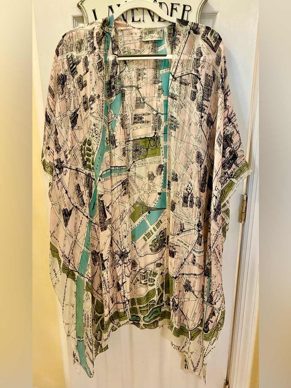 One Hundred Stars, Vintage Paris Map Semi Sheer Kimono in Pastels Blue & Blush